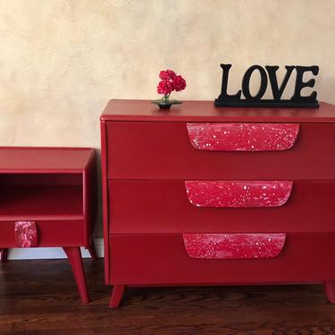 Red Midcentury Dresser and Nightstand