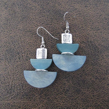 Wooden earrings, blue and silver geometric dangle earrings, mid century modern earrings, bold statement earrings, unique earrings 