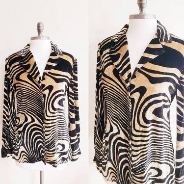 1980s Jaeger Black Gold Velvet Button Down Zebra Stripe Swirl Woodgrain Psychedelic Print Blouse 60s Style Long Sleeved Designer Shirt 