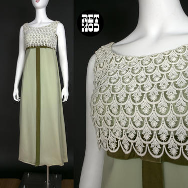 Beautiful Vintage 60s Light Green Chiffon Lace Babydoll Style Long Gown Dress 