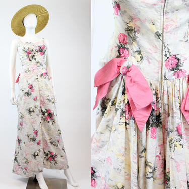 1940s rose print cotton gown xs | vintage floral train dress | new in 