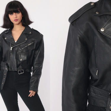 Black Leather Jacket 80s Cropped MOTORCYCLE Jacket Biker 1980s Vintage Moto Punk Rock Hipster Crop Coat Zippered Epaulette Medium Large 