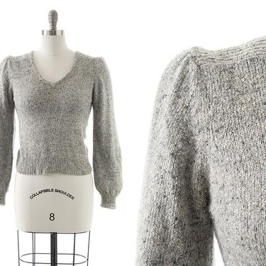 Vintage 1980s Sweater | 80s Light Grey Silk Angora Knit Puff Shoulder Bishop Sleeve Pullover Sweater Top (small/medium) 