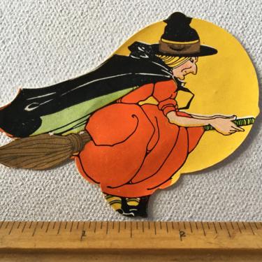 Halloween Flying Witch Sticker, ONE Vintage Gummed Seal, Full Yellow Moon And Flying Witch,  Gold Embellished, 3&amp;quot;x2.25&amp;quot; 