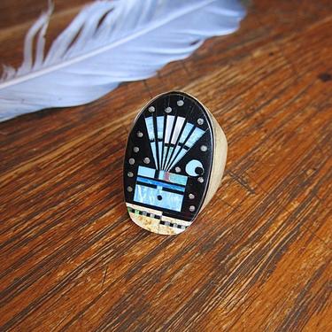STARRY NIGHT Gilbert Smith Silver S Inlay Yei Kachina Mens Ring | Native American Navajo Southwestern Jewelry | Jet Turquoise Opal | Sz 11.5 