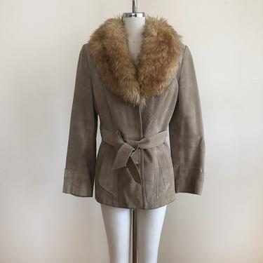 Tan Suede Jacket with Tie Belt and Oversized, Faux Fur Collar - 1970s 