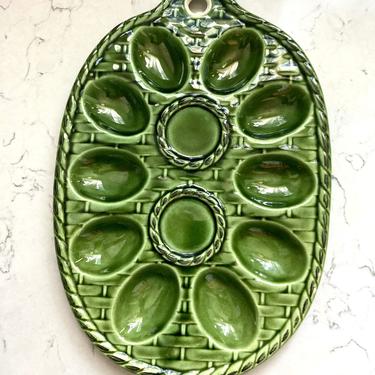 Vintage Green Ceramic Deviled Egg Serving Platter, Antique Deviled Egg Basket Tray Made un Japan Ready to Hang by LeChalet