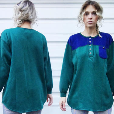 Vintage 90s Basics Two Tone Dark Green + Navy Blue Textured Soft Oversized Pullover Sweatshirt Sweater M 