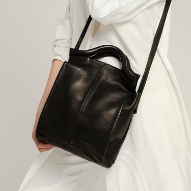 Small Black Leather Geometric Tote Bag