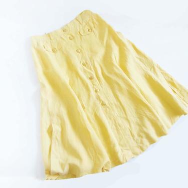 Vintage 90s Escada Skirt M L 30  - 1990s Escada Linen Midi Skirt Butter Yellow Pastel - Linen Button Front Peasant Skirt - Gold Button Skirt 