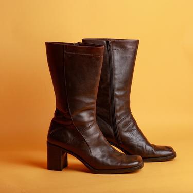 Vintage 90s Dark Brown Leather Y2K Minimal Leather Zip Up Boots 
