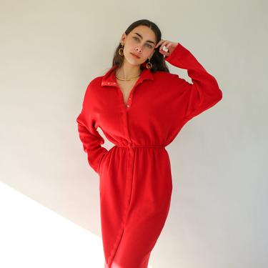 Vintage 80s Norma Kamali Candy Red Fleece Multi Snap Dress w/ Pockets | Made in USA | Avant Garde, Dolman Sleeve | 1980s OMO Designer Dress 