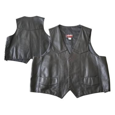 Vintage Black Motorcycle Vest, Size 50 / Men's Laced Side Biker Vest / Western Style Leather Vest / Snap Front Riding Vest with Pockets 