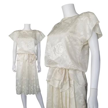 Vintage Jacquard Peplum Dress, Small / 80s Pleated Dress / Ivory White Cocktail Dress / 1980s Hourglass Dress / Flapper Wedding Dress 