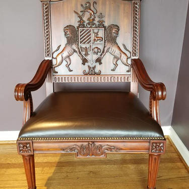 Designer Maitland Smith Hand Carved Crest Wood Chair with Leather Seat Brass Studs 