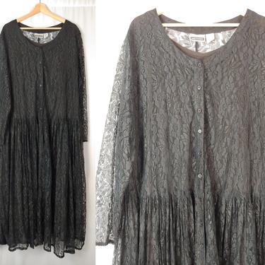 Vintage 90s Black Lace Button Up Long Sleeve Dress - 2X Nineties Lined Sheer Lace Dress 