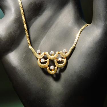 Vintagw Art Deco, 14K Gold Scalloped Diamond Pendant Necklace, 6 Brilliant Diamonds, .18 TCW, Attached Thin Gold Chain, 15 1/4” L 
