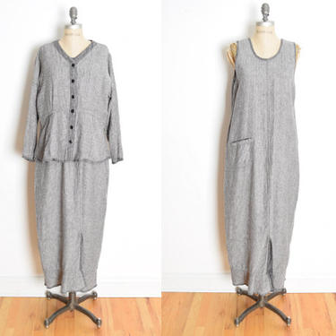 vintage 90s dress jacket set FLAX by Jeanne Engelhart linen gray honeycomb lagenlook clothing 