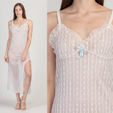70s Sheer White Lace Slip Dress - Small | Vintage Boho Lingerie Side Slit Maxi Nightgown 