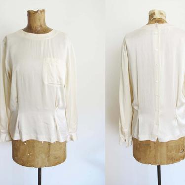 Vintage 90s Off White Silk Blouse S M - Button Back Blouse - Long Sleeve Liz Claiborne Minimalist Romantic Top 