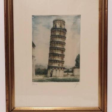 Vintage Signed Cloth Etching Leaning Tower of Pisa 14x18 