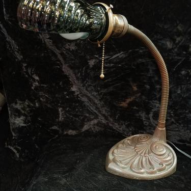 Vintage Cast Iron Desk Lamp with Scalloped Glass Shade