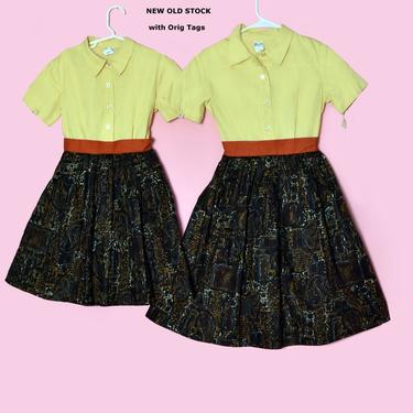 50's GIRLS Vintage Dress 8 Tiki Print, Cotton Full Skirt, Young Girls Dress, Baby, Toddler, 1950's Kids clothing, Yellow, Mid century, tags 
