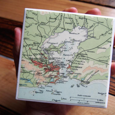 1922 Rio de Janeiro Brazil Handmade Repurposed Vintage Map Coaster - Ceramic Tile - Repurposed 1920s Times Atlas 
