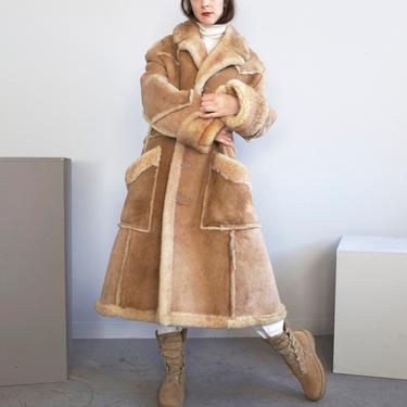 long large sheepskin shearling coat / M L 