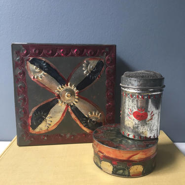 Red and black folk art tins - set of 3 - vintage shabby folk decor 