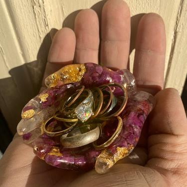 Resin Raw Ruby and Gold Leaf Crystal Filled Hands Catchall Card Holder Jewelry Ring Holder Tealight Holder 