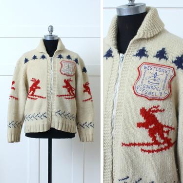 mens vintage 1950s cowichan sweater • heavy cable knit wool cardigan with westcoast Quesnel BC bonspiel curling patch 