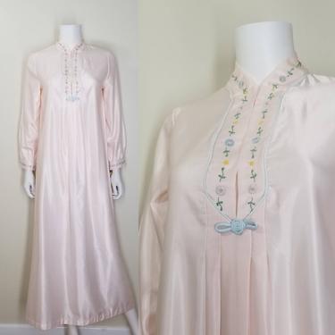 Vintage Sateen Nightgown, Small / Pink Embroidered Nightgown / Long Flannel Back Nightgown / 70s Barbizon Cuddleskin Warm Winter Night Gown 