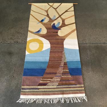 Mid Century 1970's Wall Hanging of Love Birds Hand Woven