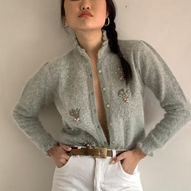 90s angora cardigan sweater / vintage sage angora rabbit hair cropped puff sleeve embroidered appliqué embellished fuzzy button up sweater 