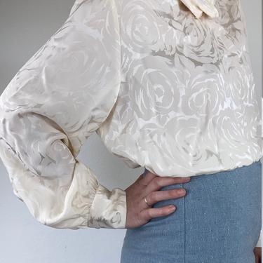 vintage ivory silk rose pattern poet blouse size large / xl 