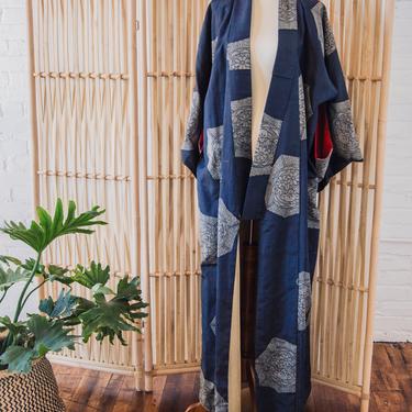 Silk Navy Geometric Floral Kimono 