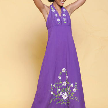 halter maxi dress purple cotton floral hand embroidery empire waist vintage 70s MEDIUM LARGE M L 