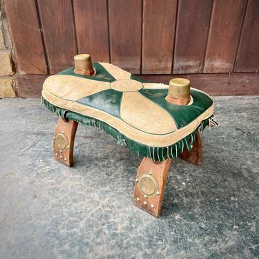 Vintage Green Saddle Stool Ancient Eastern Design Egyptian Souvenir Ottoman 1950s Petite Fireside Fringe 