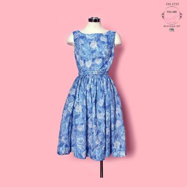 Vintage Blue Floral Print Dress, 1950's, 1960's Full Skirt, Fit &amp; Flare, Pinup Rockabilly Sleeveless Small, Rose Ranunculus Print 
