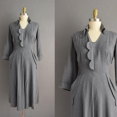 vintage 1950s dress | Gorgeous Gray Scallop Long Sleeve Winter Dress | Large XL | 50s vintage dress 