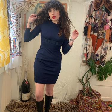 60's WIGGLE DRESS - navy blue - bow - long sleeves - x-small/small 