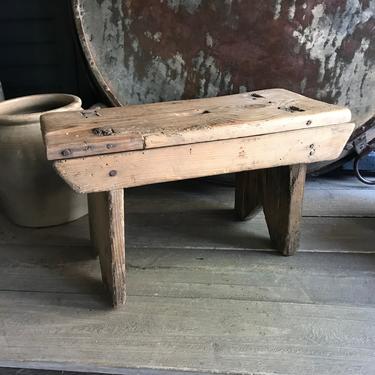 Rustic Wood Stool, Handmade Hardwood Bench, Primitive European Farmhouse Decor 