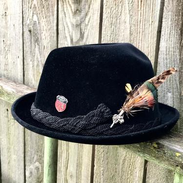 Vintage Dobbs Hat Royal Coachman Black Velvet Fedora Vase Brooch Feathers 1950s 1960s Retro Fashion 