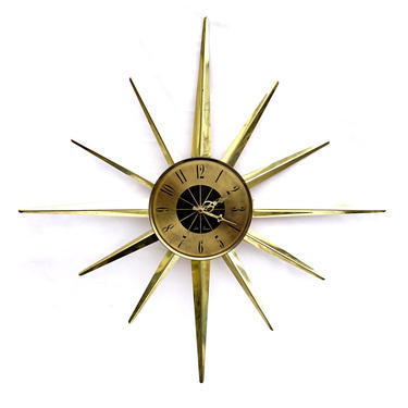 SETH THOMAS Mid-Century Modern Gold Starburst Metal Wall Clock || 24&amp;quot; Statement Space Age Eames Era &amp;quot;STARGLO&amp;quot; Battery Operated Clock 