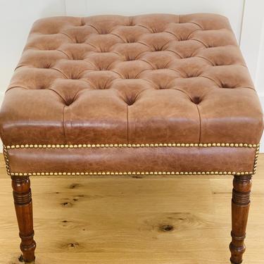 Antique English Bench with Tufted Leather Top