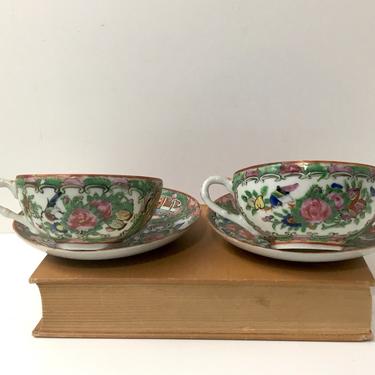 Rose medallion tea cups set of 2 - antique export ware - early 20th traditional Asian design 