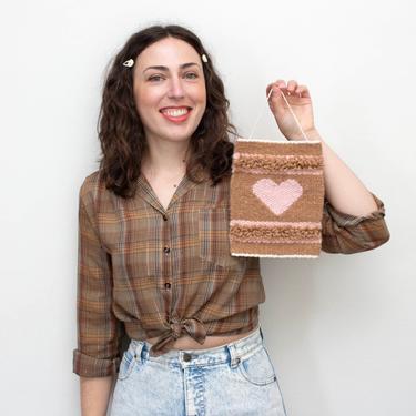 Handmade Heart Woven Wall Hanging Sustainable Folk Art Wall Decor Made from Upcycled Yarn - Pink & Brown 