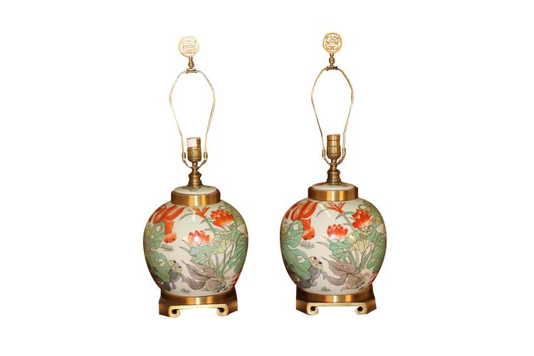 Pair Maitland Smith Brass &amp; Porcelain Ginger Jar Lamps 