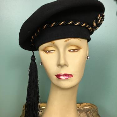 1940s wool hat, black beret, vintage 40s hat, avant garde style, hat with tassel, statement hat, consumer protection, gold braided, tam hat 